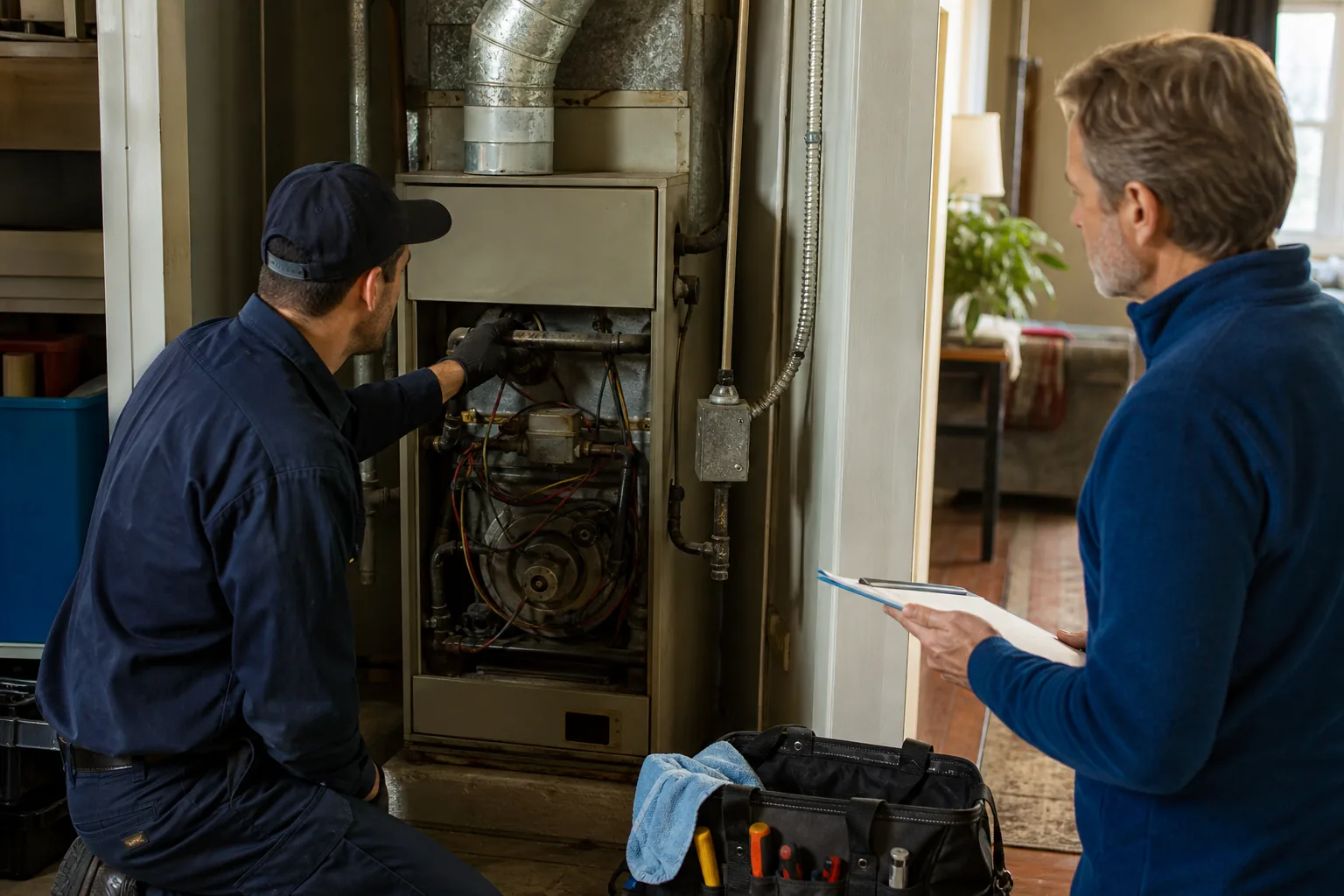 Technician checking furnace age and condition in a Northern California home.