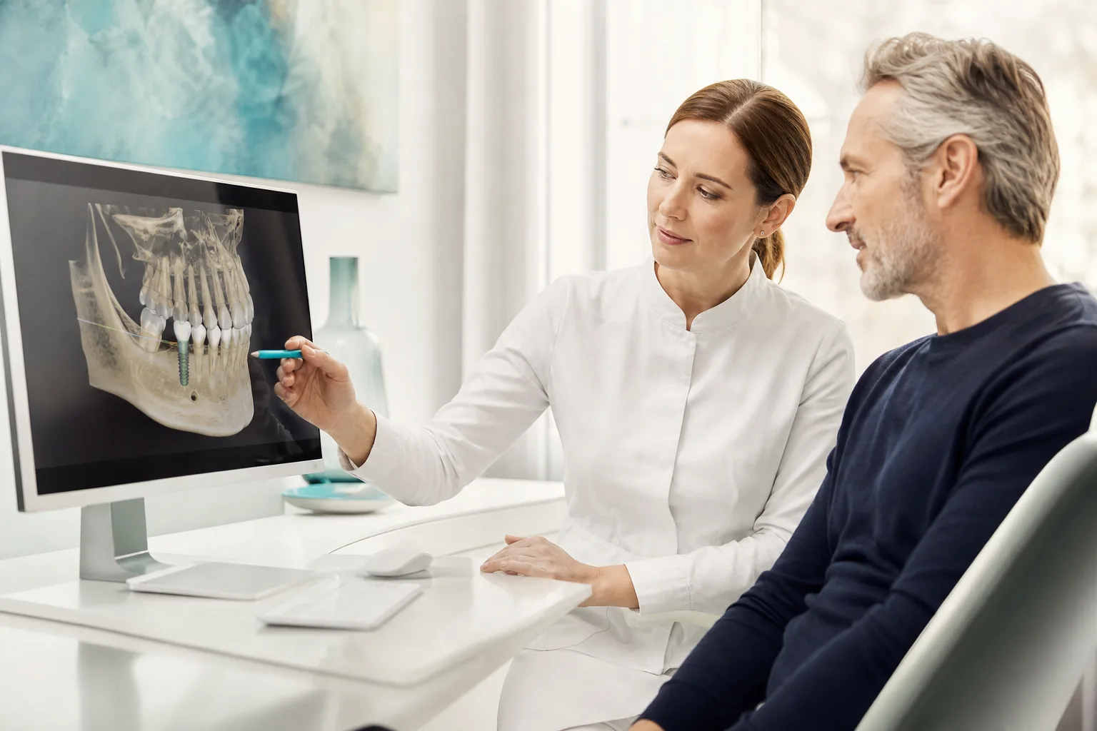 Digitale Implantatplanung mit 3D-Ansicht in einer Zahnarztpraxis in Wien.