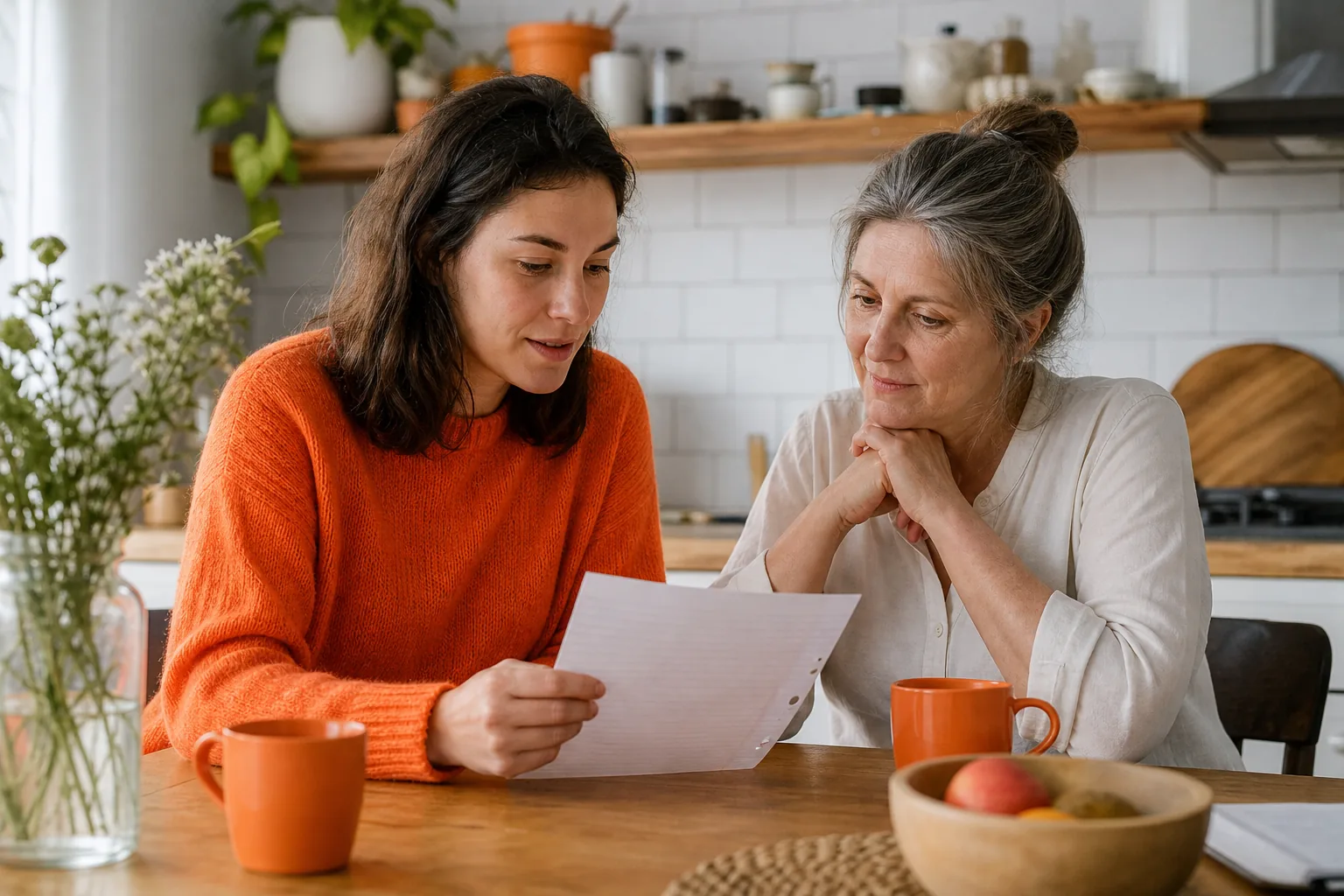 Parent and adult child having a calm boundary conversation over a kitchen table