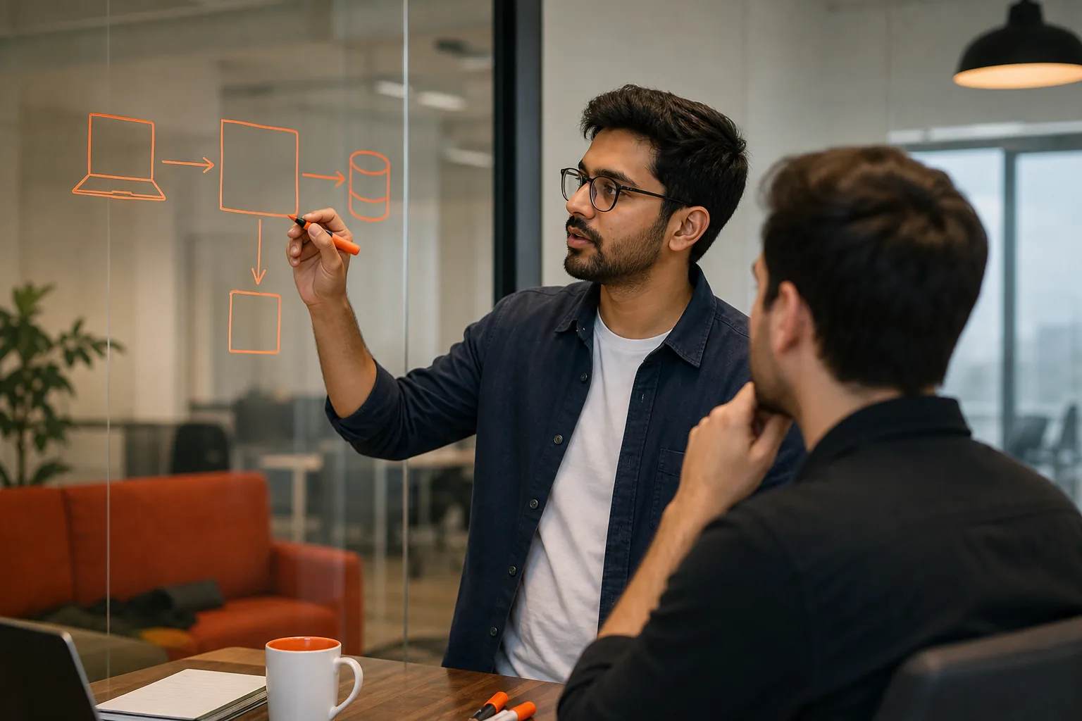 Software engineer sketching a system design interview answer