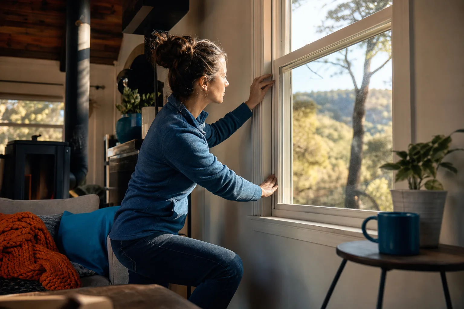Homeowner sealing drafts to reduce heat loss and improve furnace efficiency
