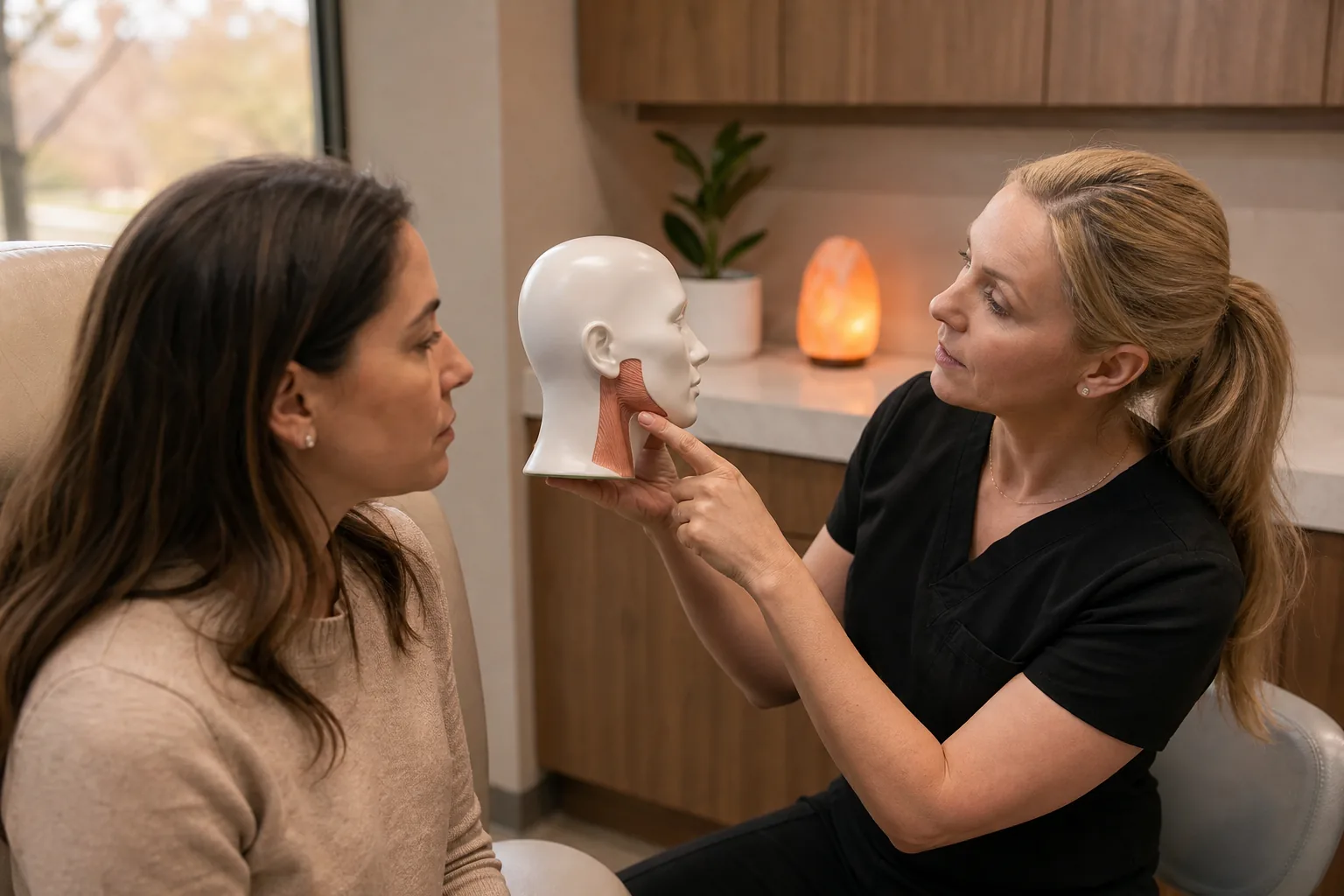 Patient and clinician discussing the causes of jawline fullness in an Oklahoma clinic.