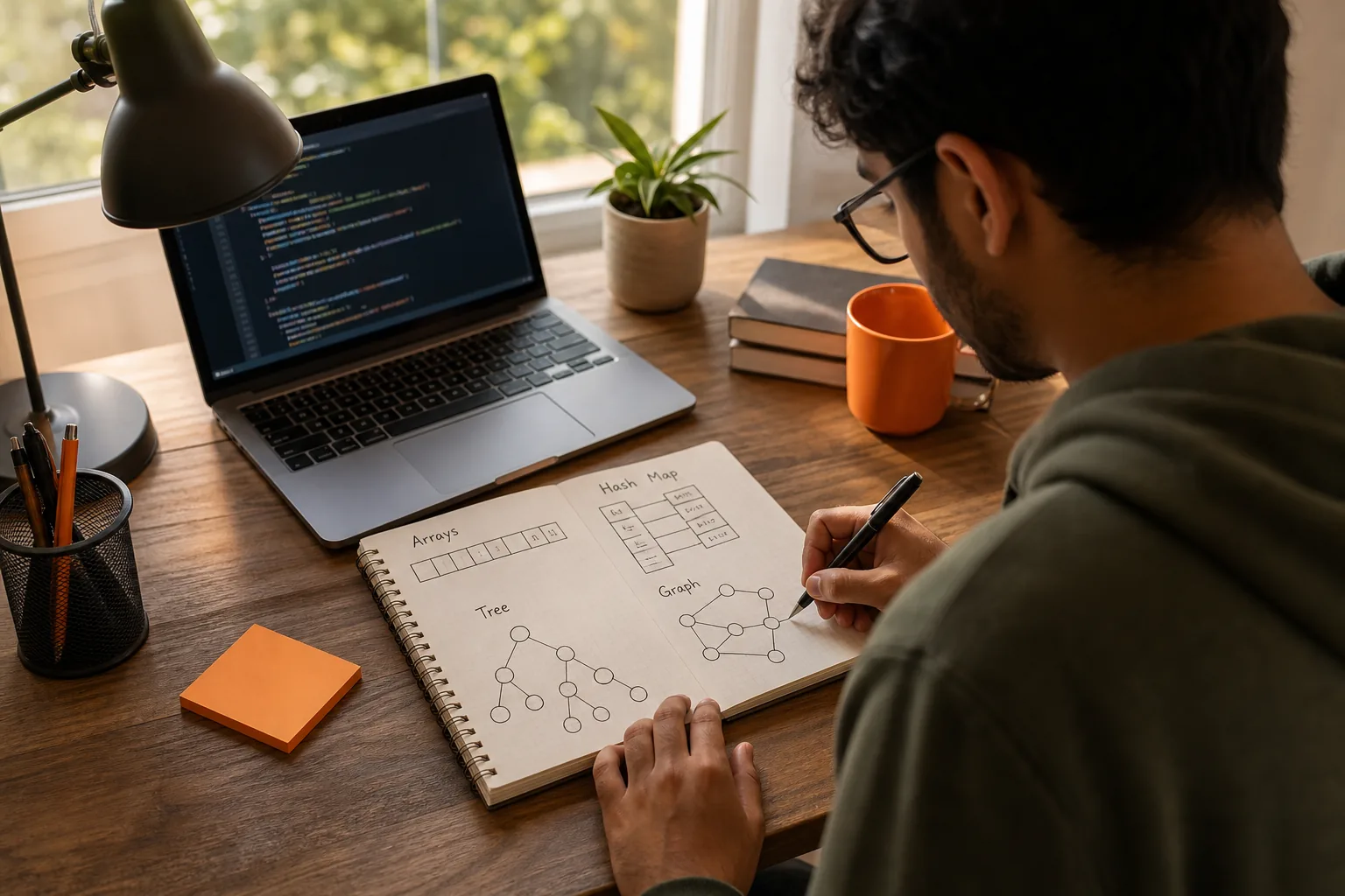 Programmer learning core data structures and algorithms with diagrams and code.