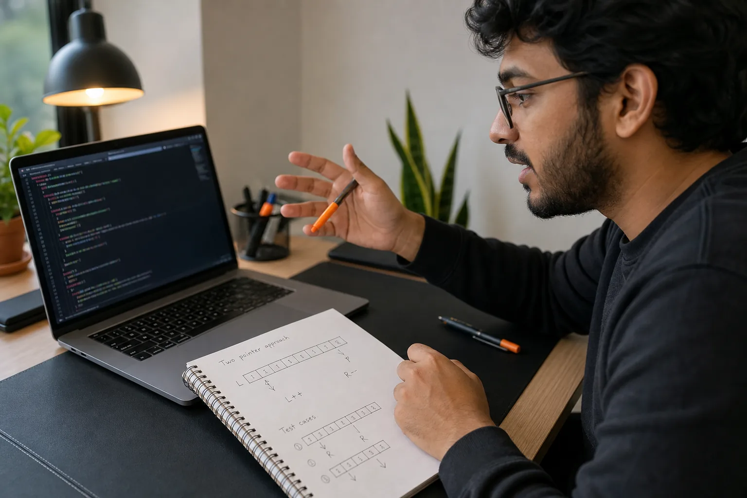 Coding practice with a programmer explaining a data structures and algorithms solution.