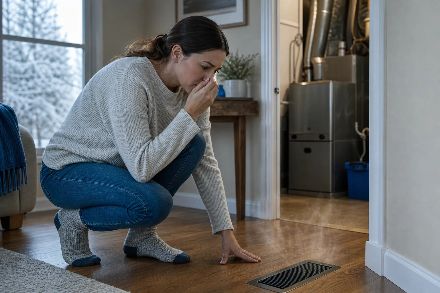 Common furnace odors such as warm dust, gas, and exhaust in a US home.