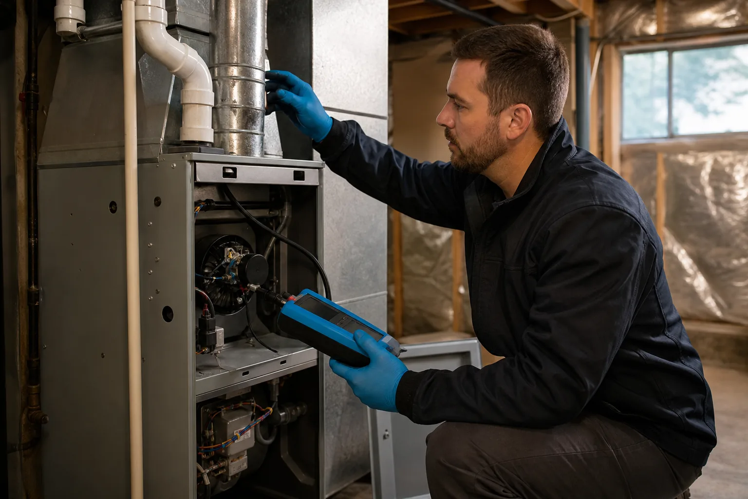 HVAC professional checking furnace venting and combustion safety in a US home.