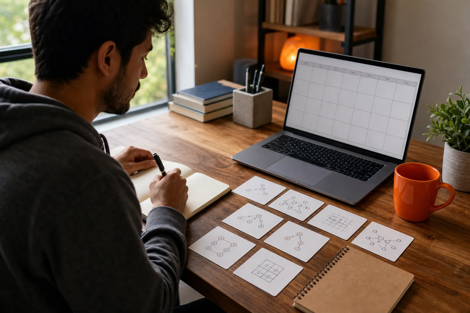 Coding interview study plan with pattern practice cards and a laptop.