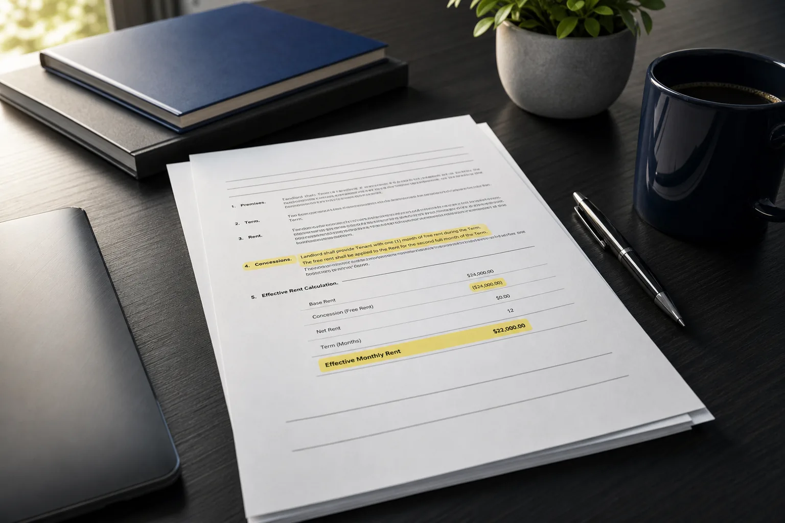 Lease concession example and effective rent calculation.