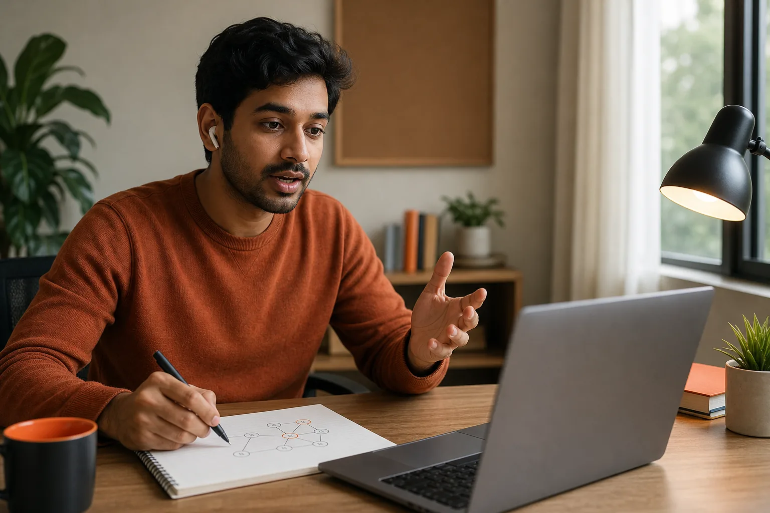 Candidate explaining a coding interview solution out loud while tracing a graph.