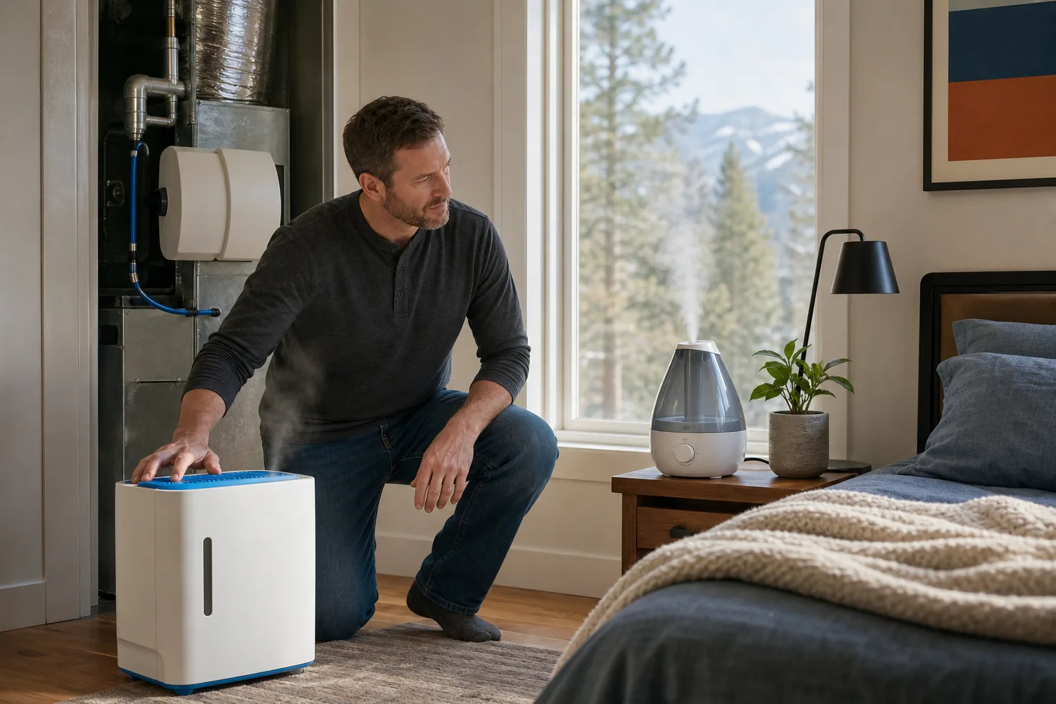 Whole-house humidifier and portable humidifier coverage in a Sierra foothill home.