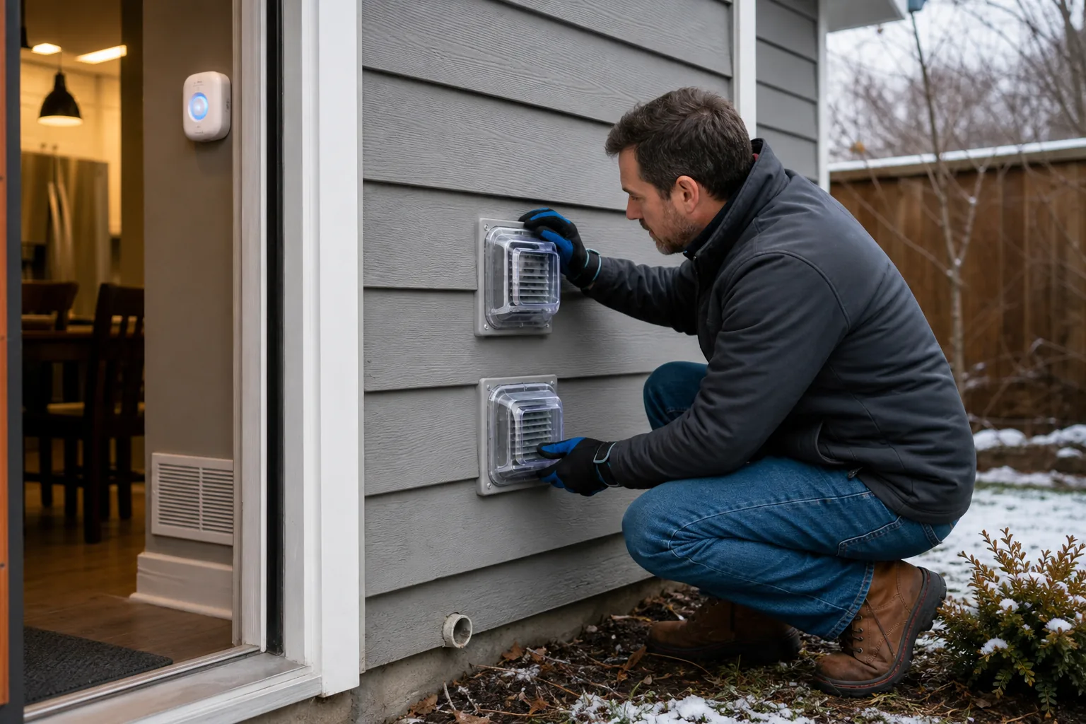 Homeowner checking furnace vents and a carbon monoxide alarm before winter.