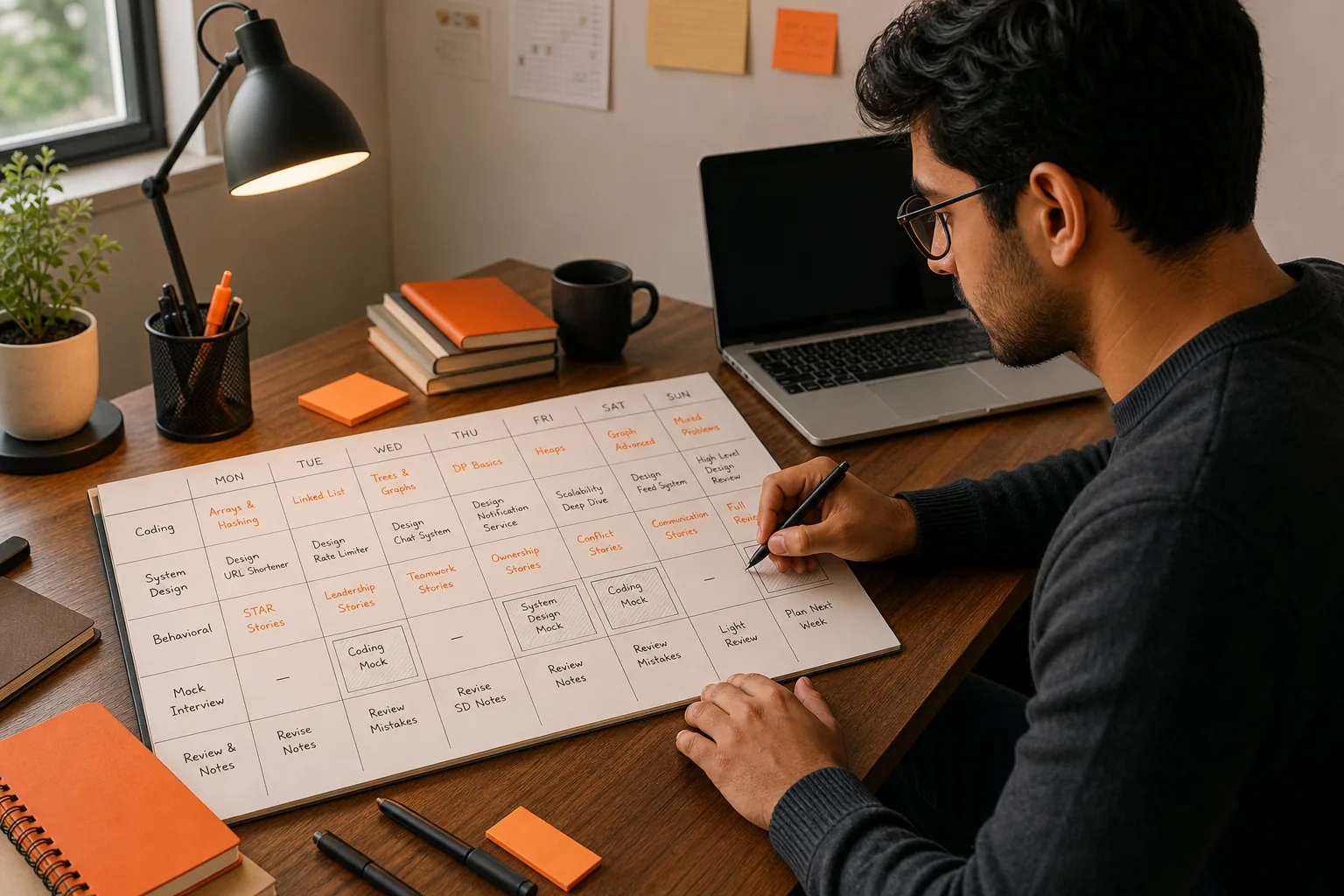 Software engineer mapping a FAANG interview preparation plan across coding, system design, and behavioral rounds.