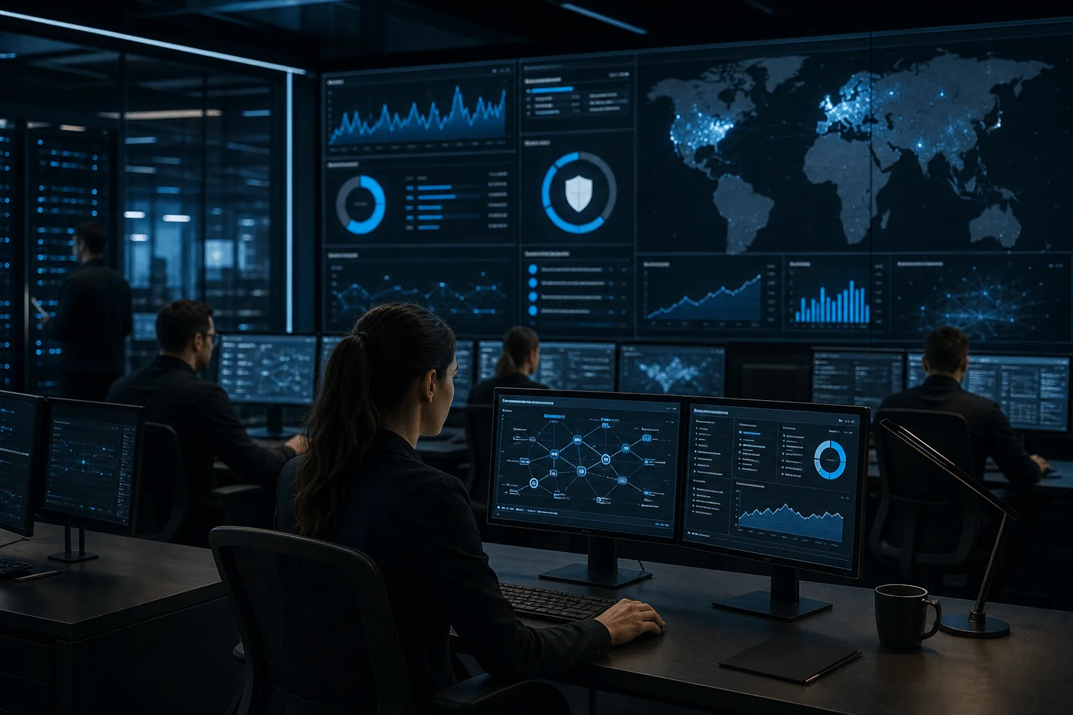 A cinematic style visual of a security operations center with analysts monitoring dashboards, showing continuous PCI