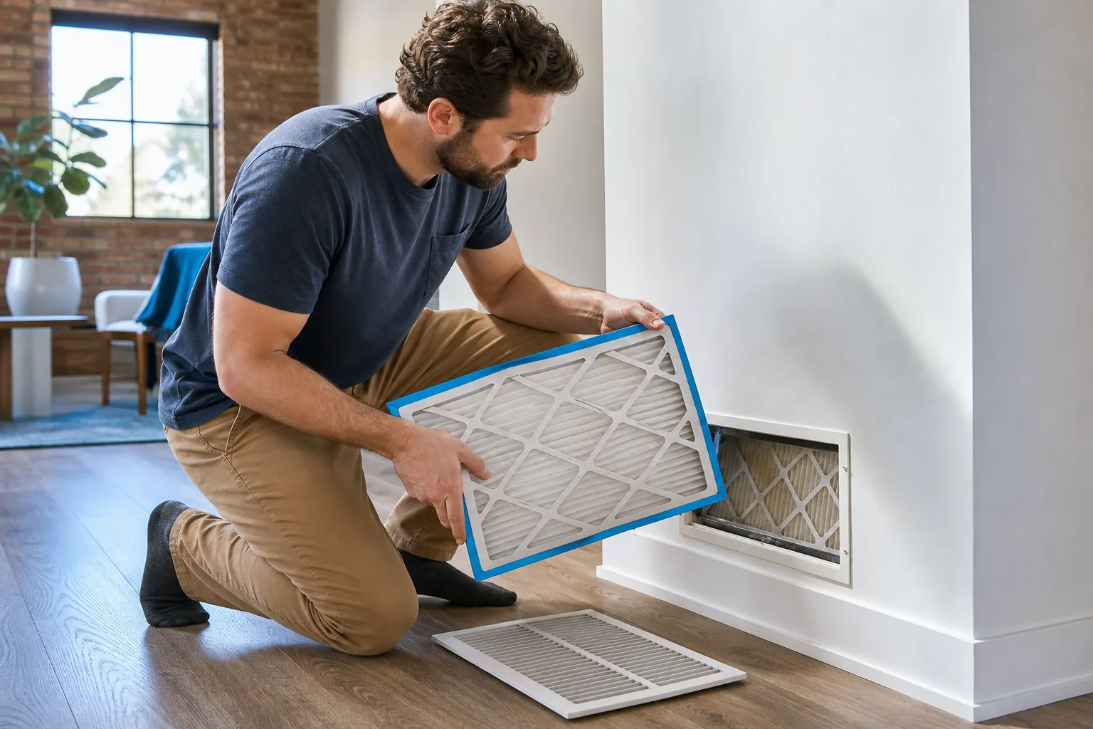 Homeowner replacing an AC filter and clearing vents before summer.