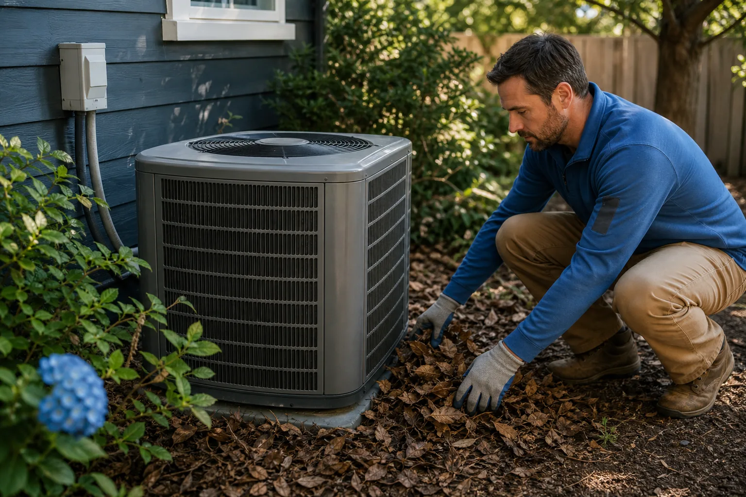 Clearing leaves and plants from around an outdoor AC unit.