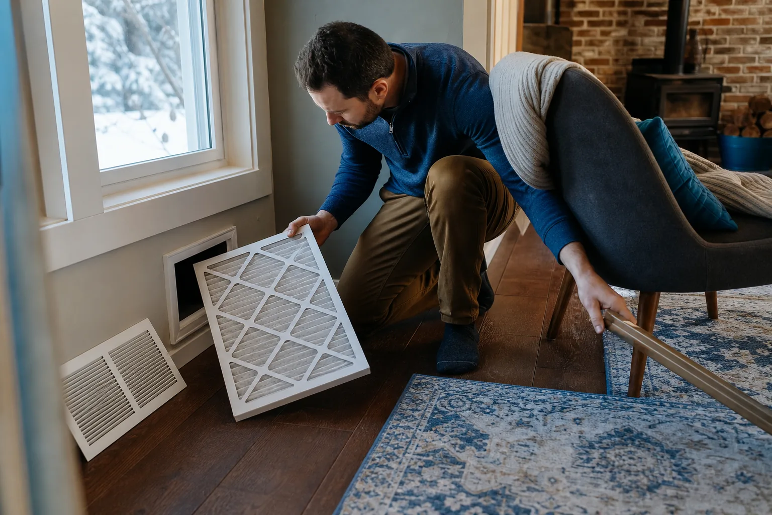 Homeowner checks an HVAC filter and clears a heating vent