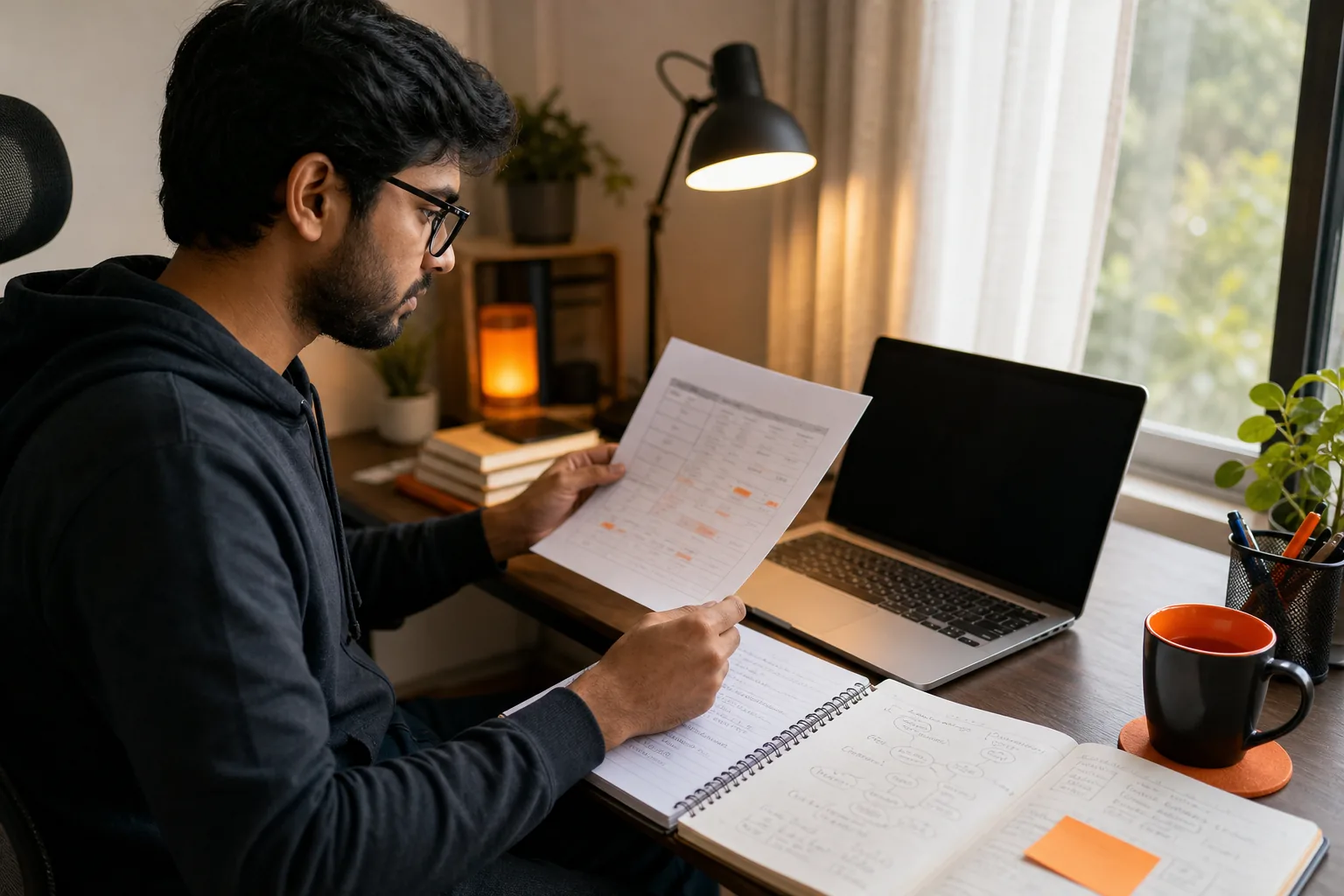Software engineer mapping a FAANG interview prep plan at a desk.