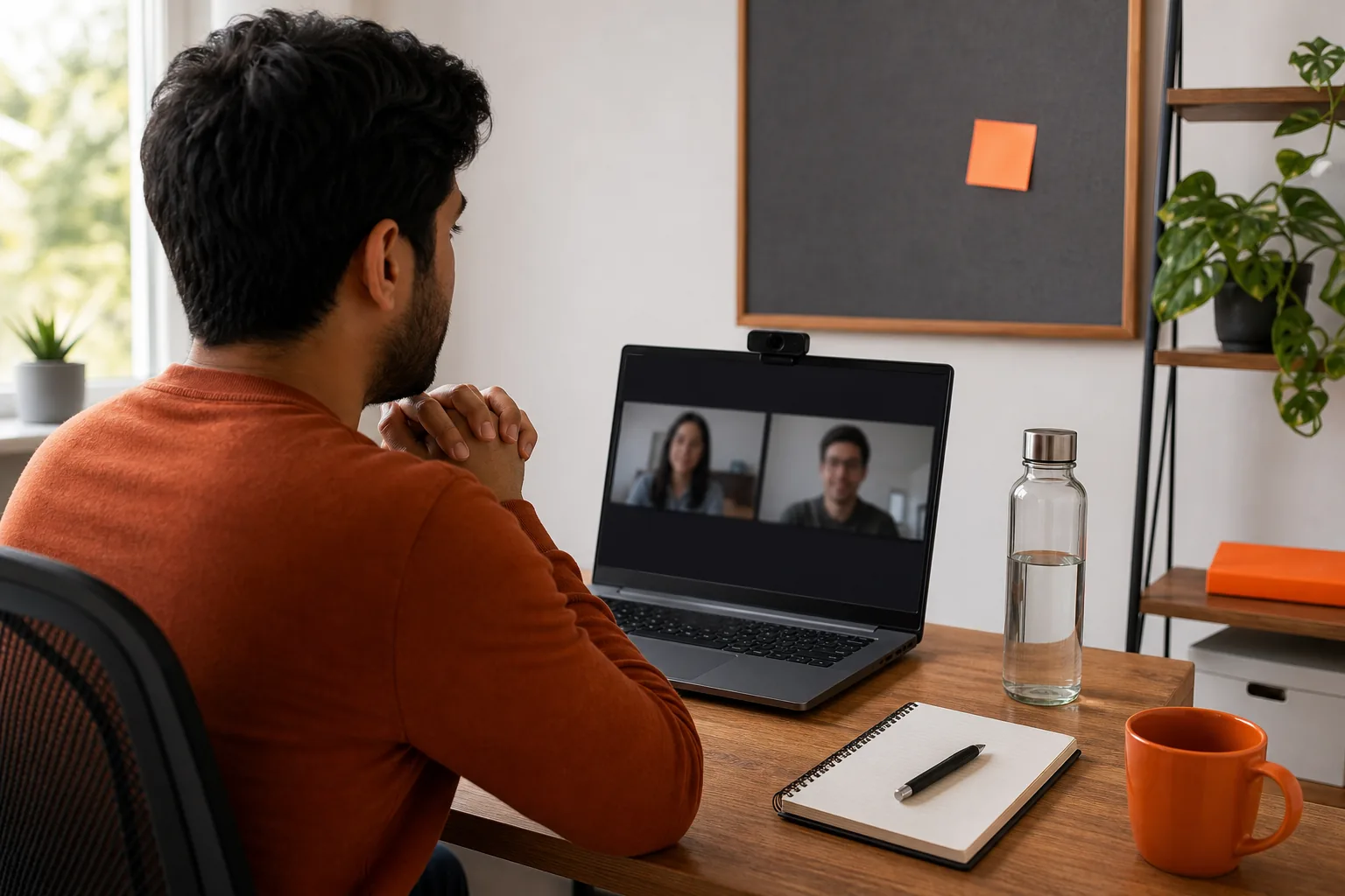 Engineer checking a remote interview setup before a mock interview.