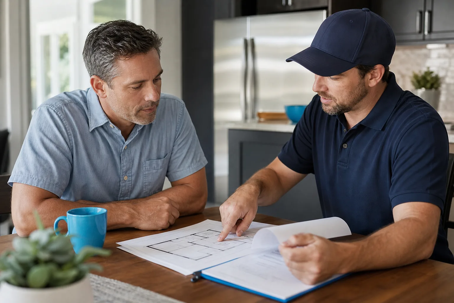 Homeowner reviewing HVAC system sizing and a written estimate with a contractor.