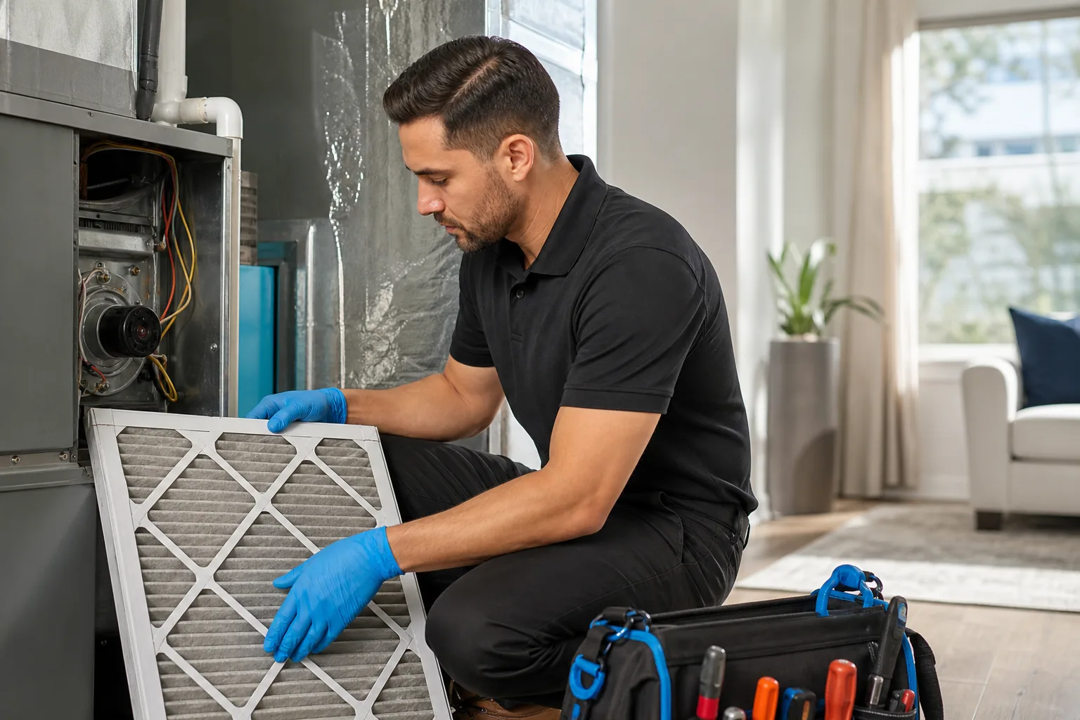 HVAC maintenance visit checking a home heating system and air filter in California.