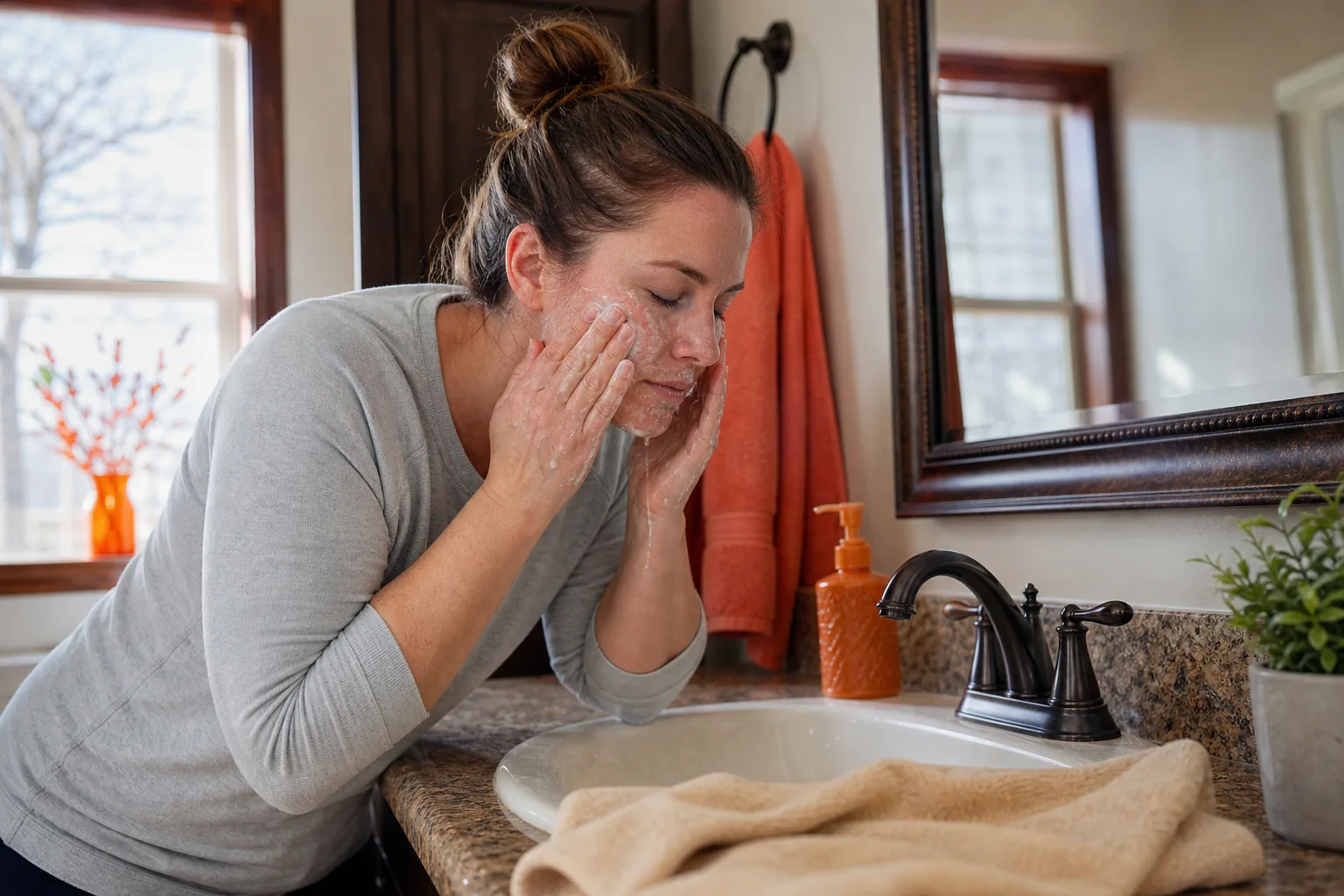 Gentle face cleansing as the base of a rosacea skincare routine.