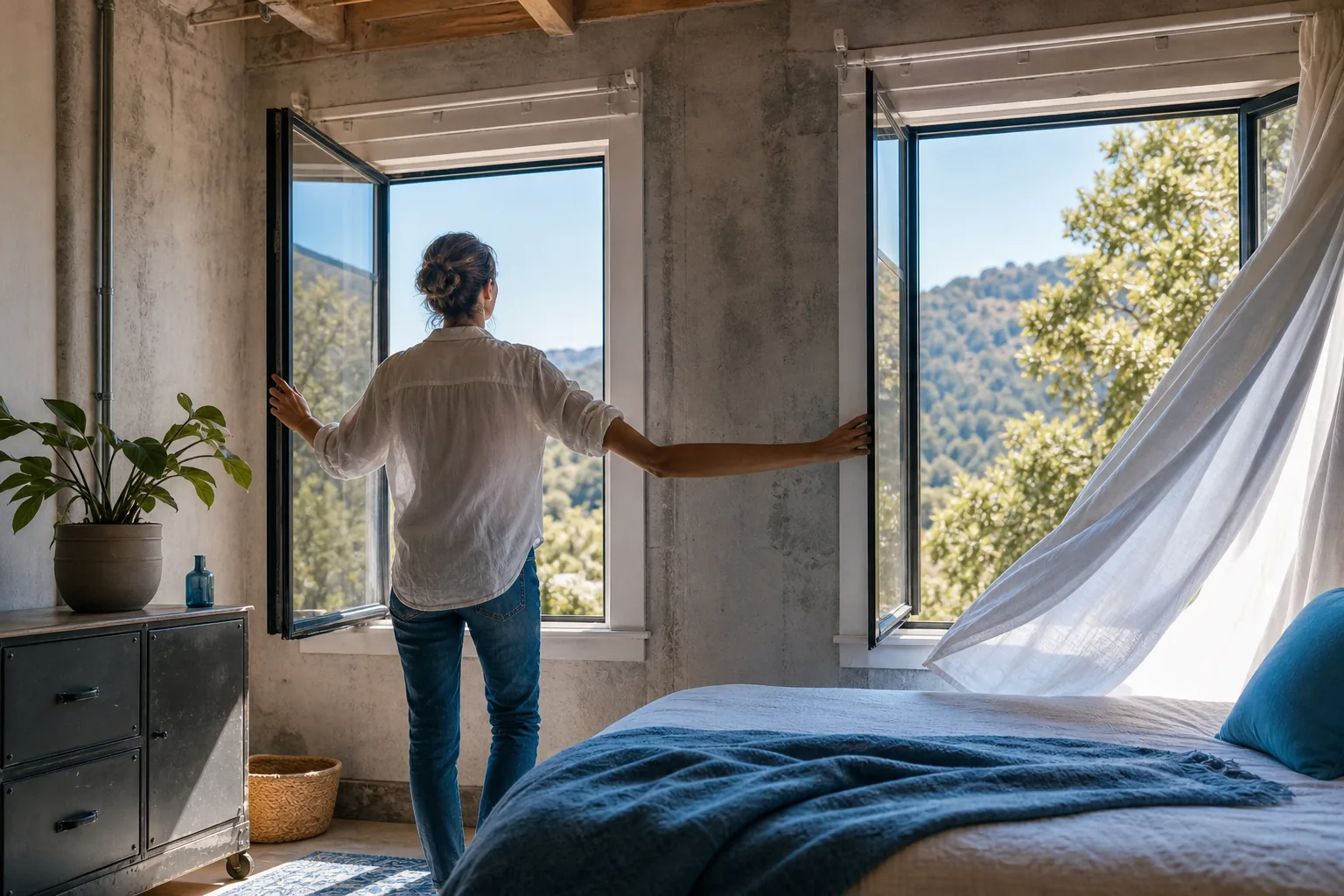 Opening windows for natural ventilation in a Northern California home.