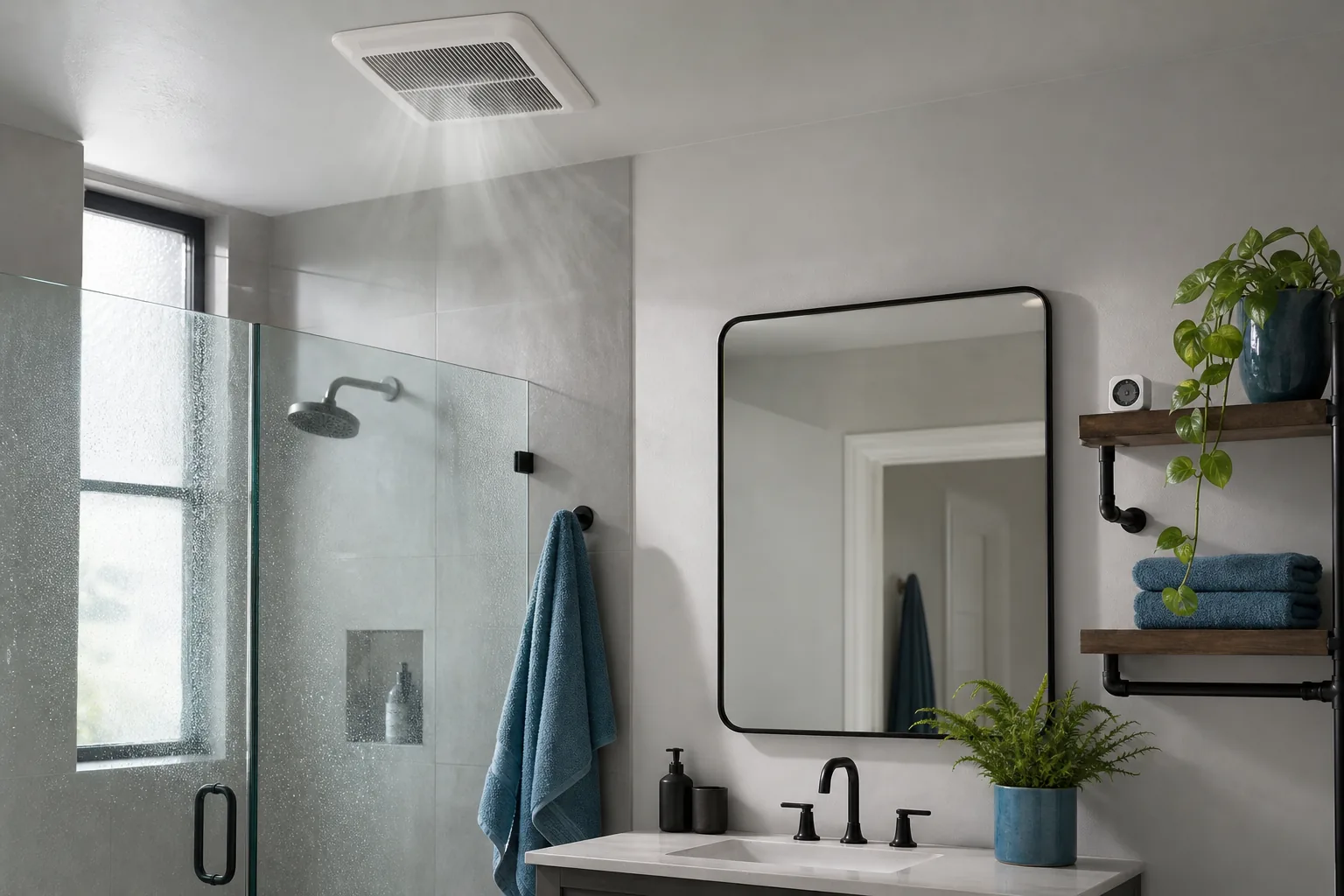 Using bathroom ventilation and a humidity meter to manage indoor moisture.
