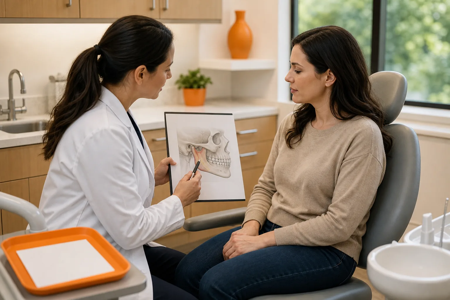 Clinician discussing jaw injection risks, alternatives, and medical evaluation with a patient.
