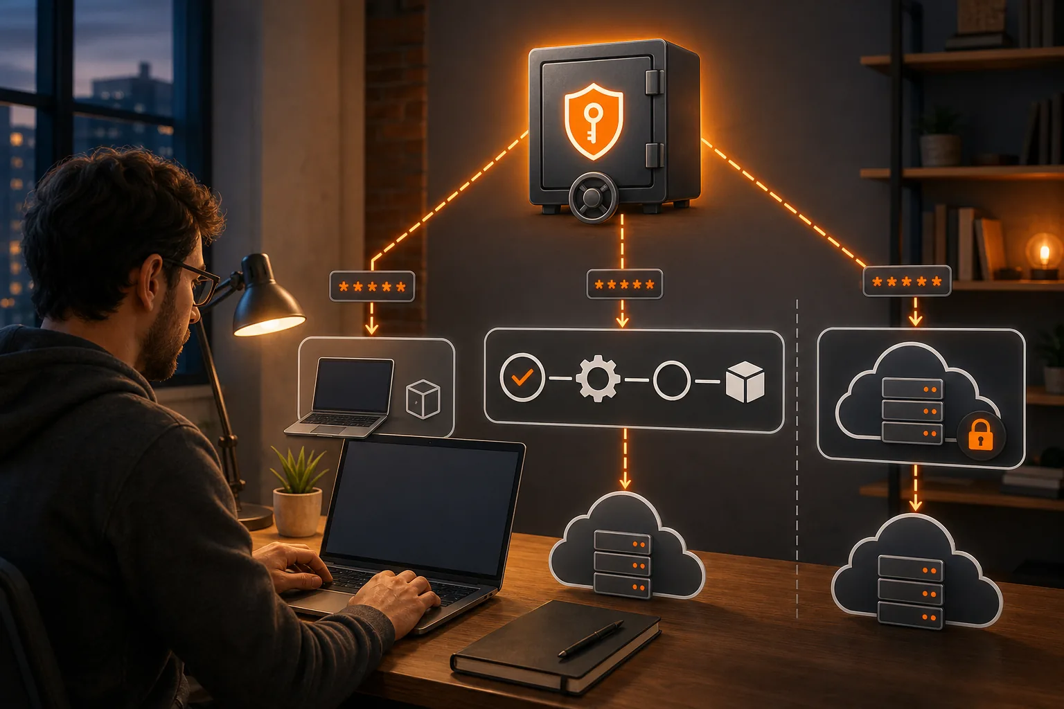 Secure API key vault syncing secrets to local development and CI/CD workflows.