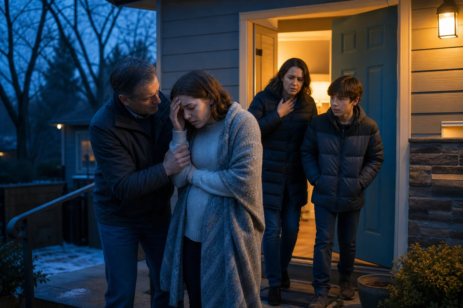Family leaving a home after possible carbon monoxide symptoms from a furnace.