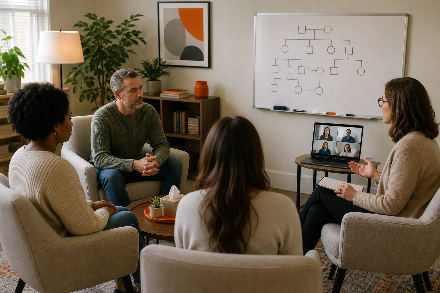 Family therapy session setup both in‑person and virtual