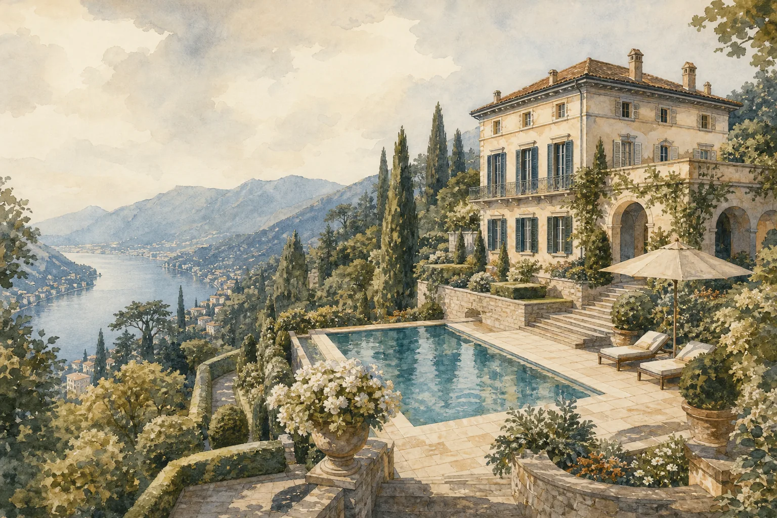 Watercolor illustration of a classic Italian villa with a private swimming pool and terraced gardens, alt="Villa Brutate in