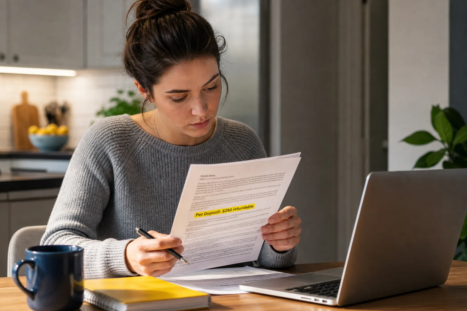 Lease language for pet deposit vs pet fee highlighted in a rental agreement