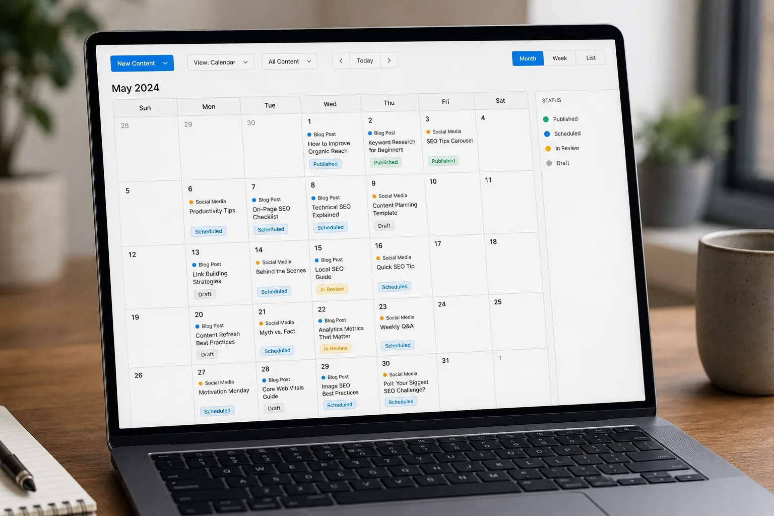 Illustrative editorial calendar for organizing planned blog posts