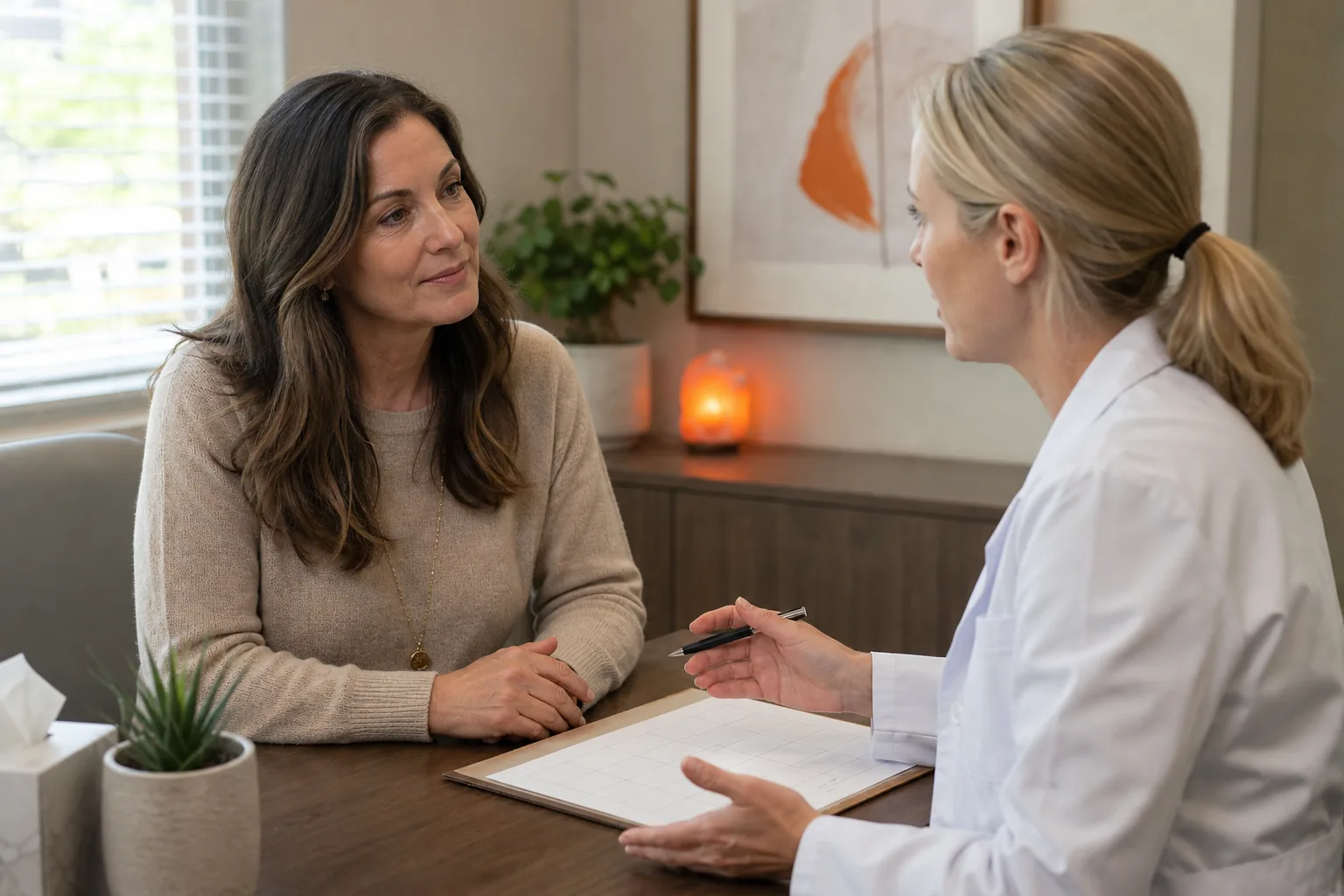 Woman discussing hormone options and symptoms with a clinician.
