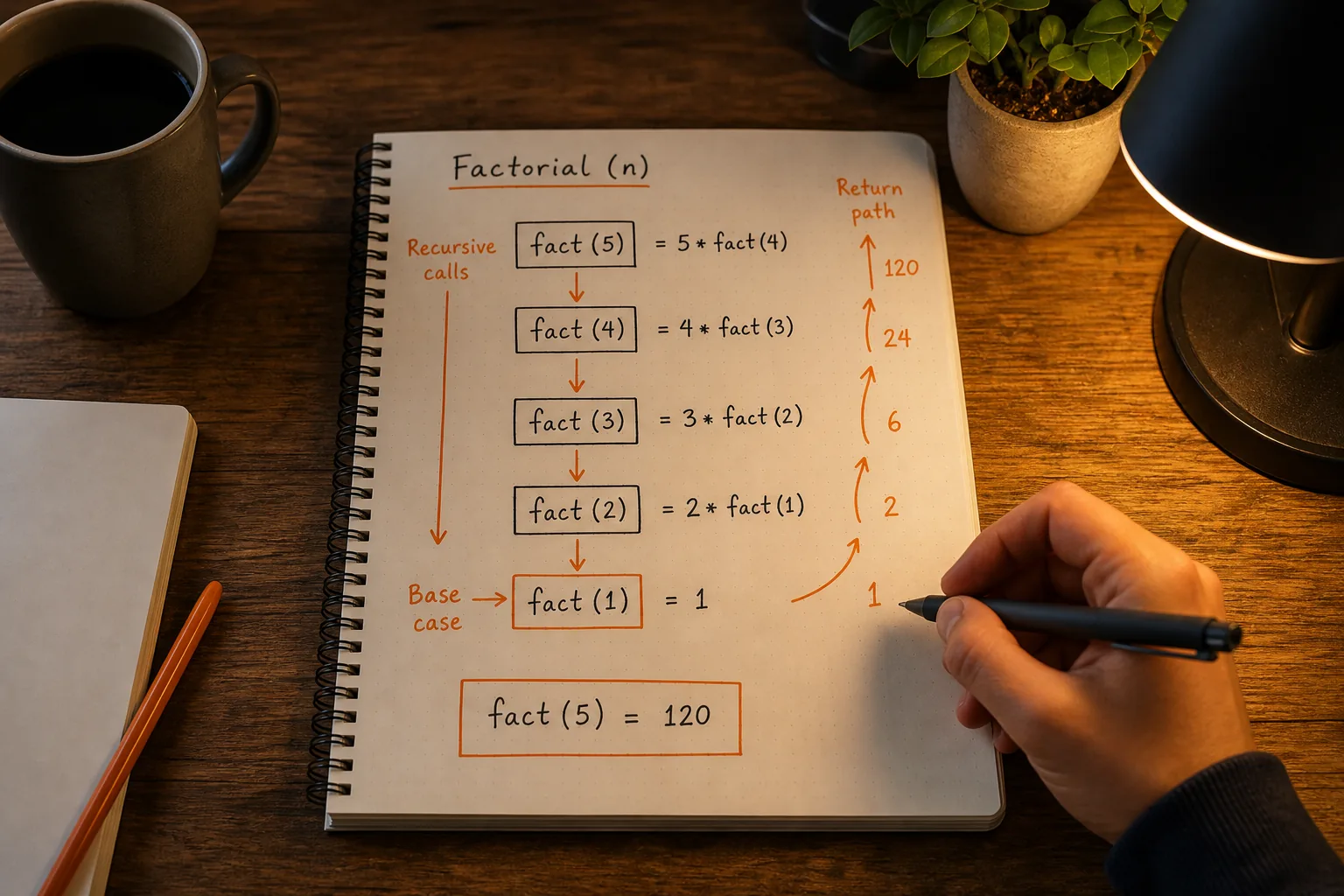 Recursion call stack showing base and recursive cases for interview practice.