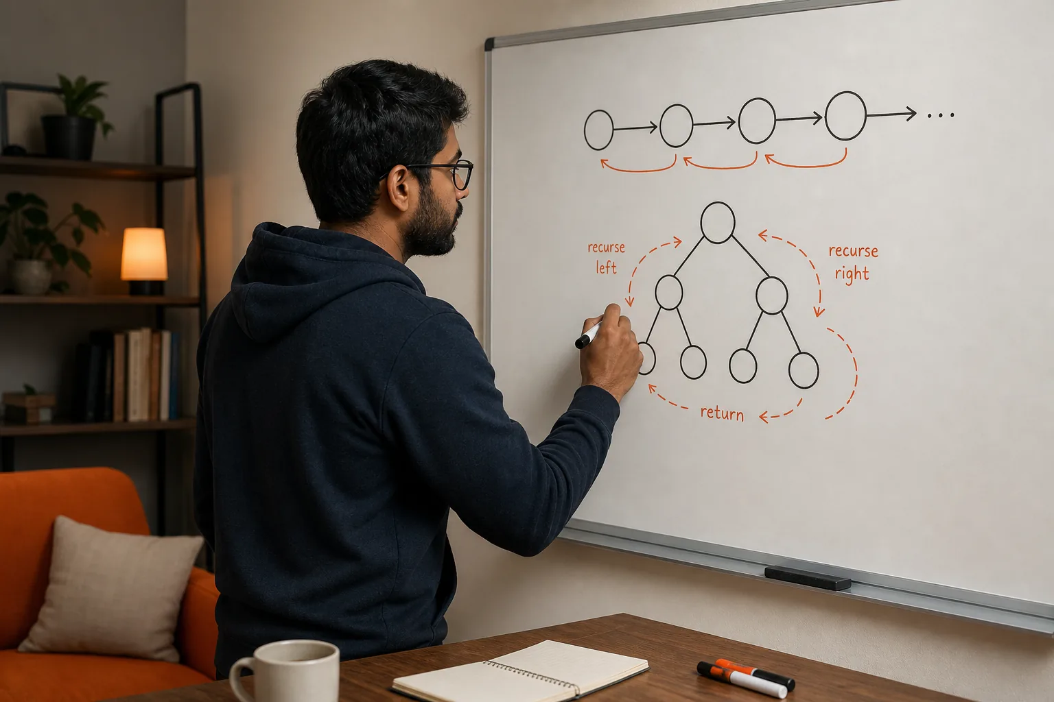 Linked list and tree recursion diagrams for coding interview questions.