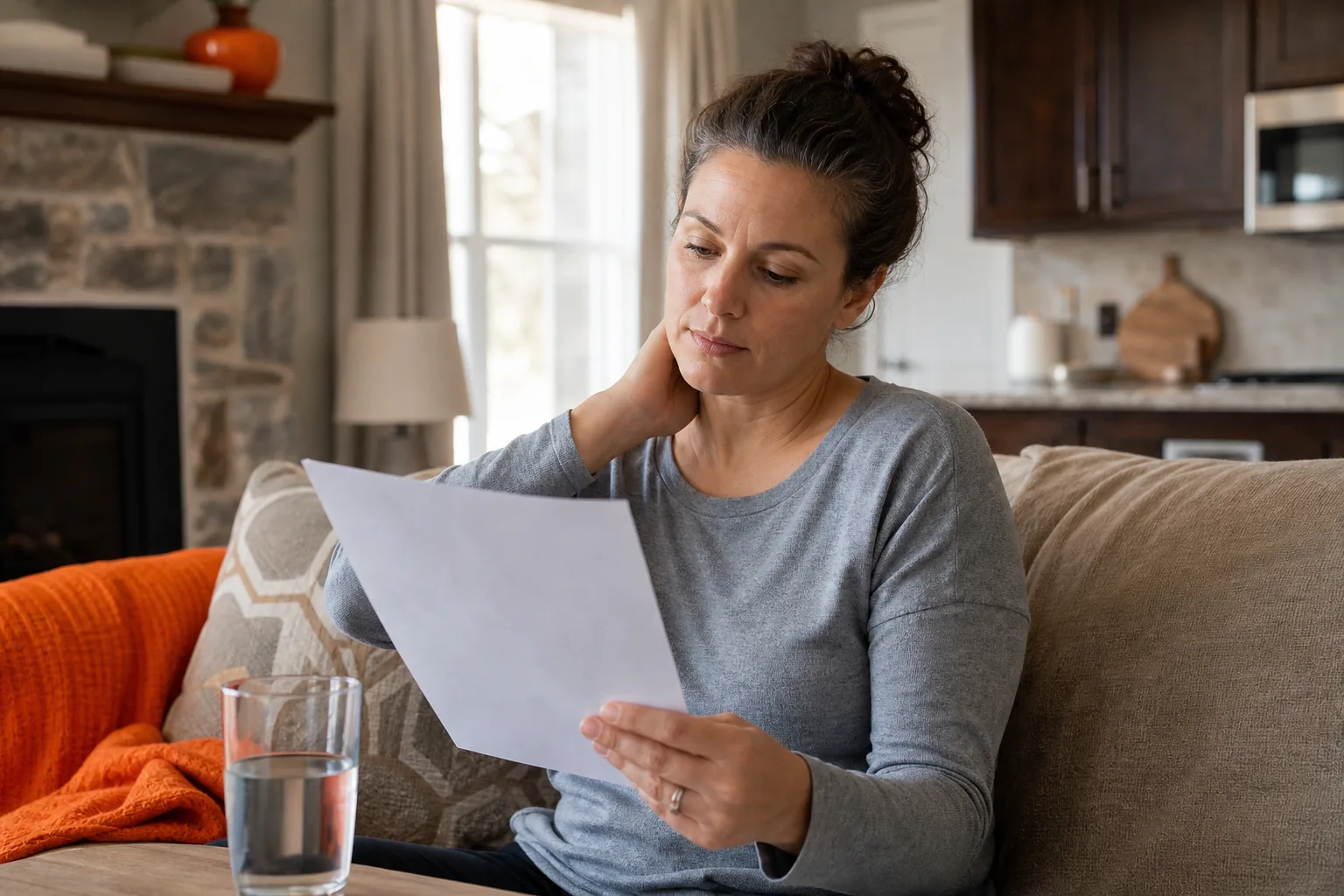 Patient reviewing neck injection aftercare instructions at home in the United States.
