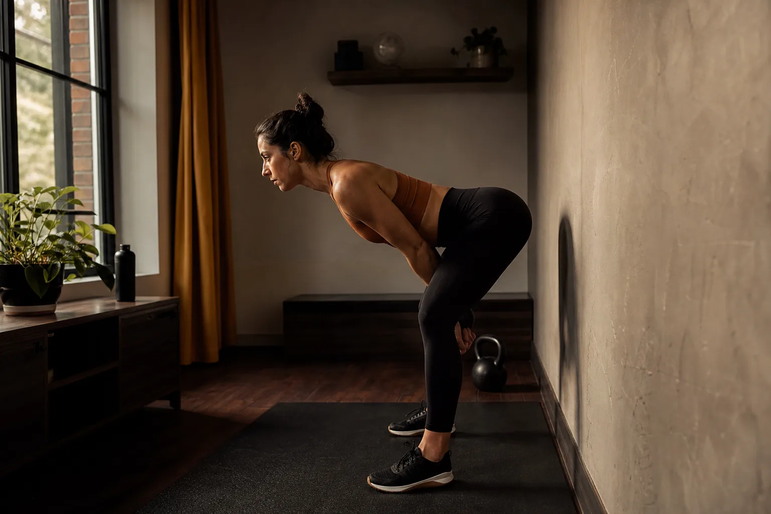 Woman practicing the hip hinge for kettlebell swing form at home.