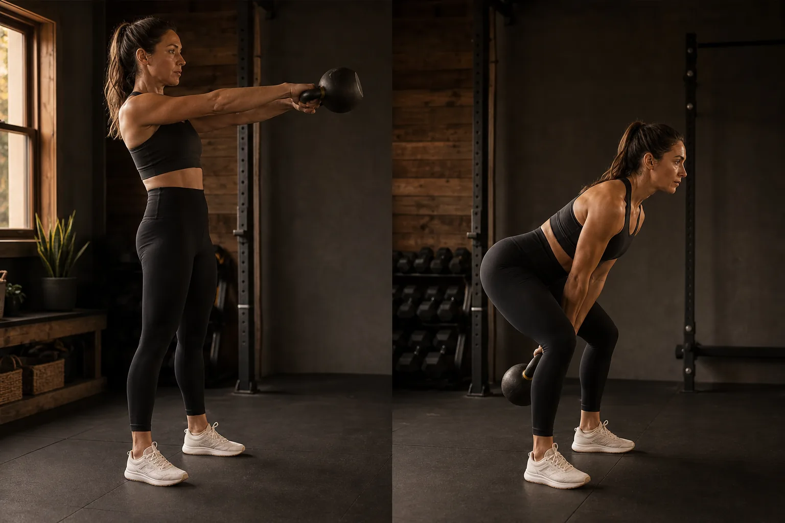 Kettlebell swing top position and controlled hip hinge descent.
