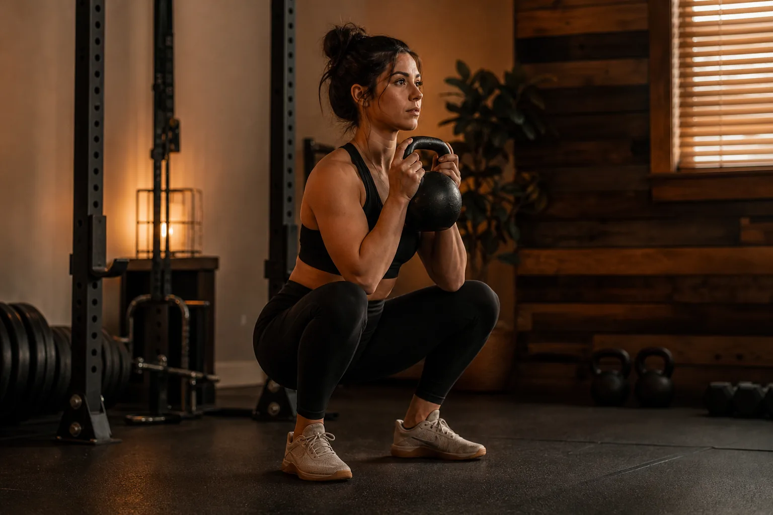 Goblet squat depth with flat feet, upright chest, and knees tracking over toes.