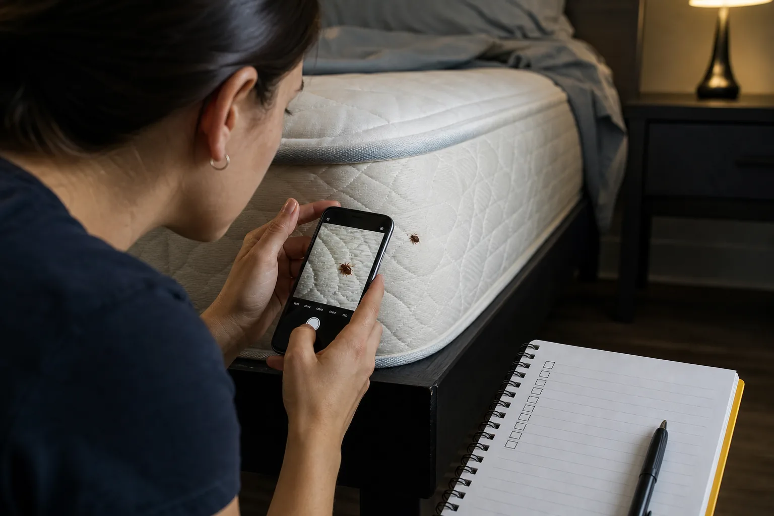 "Renter documenting bed bug evidence and creating a record"
