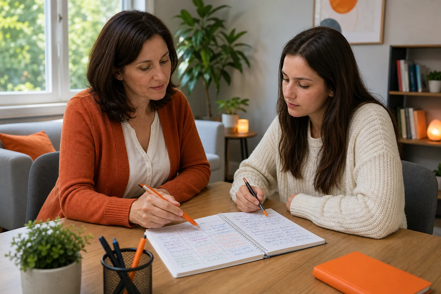 Therapist reviewing worry log with client