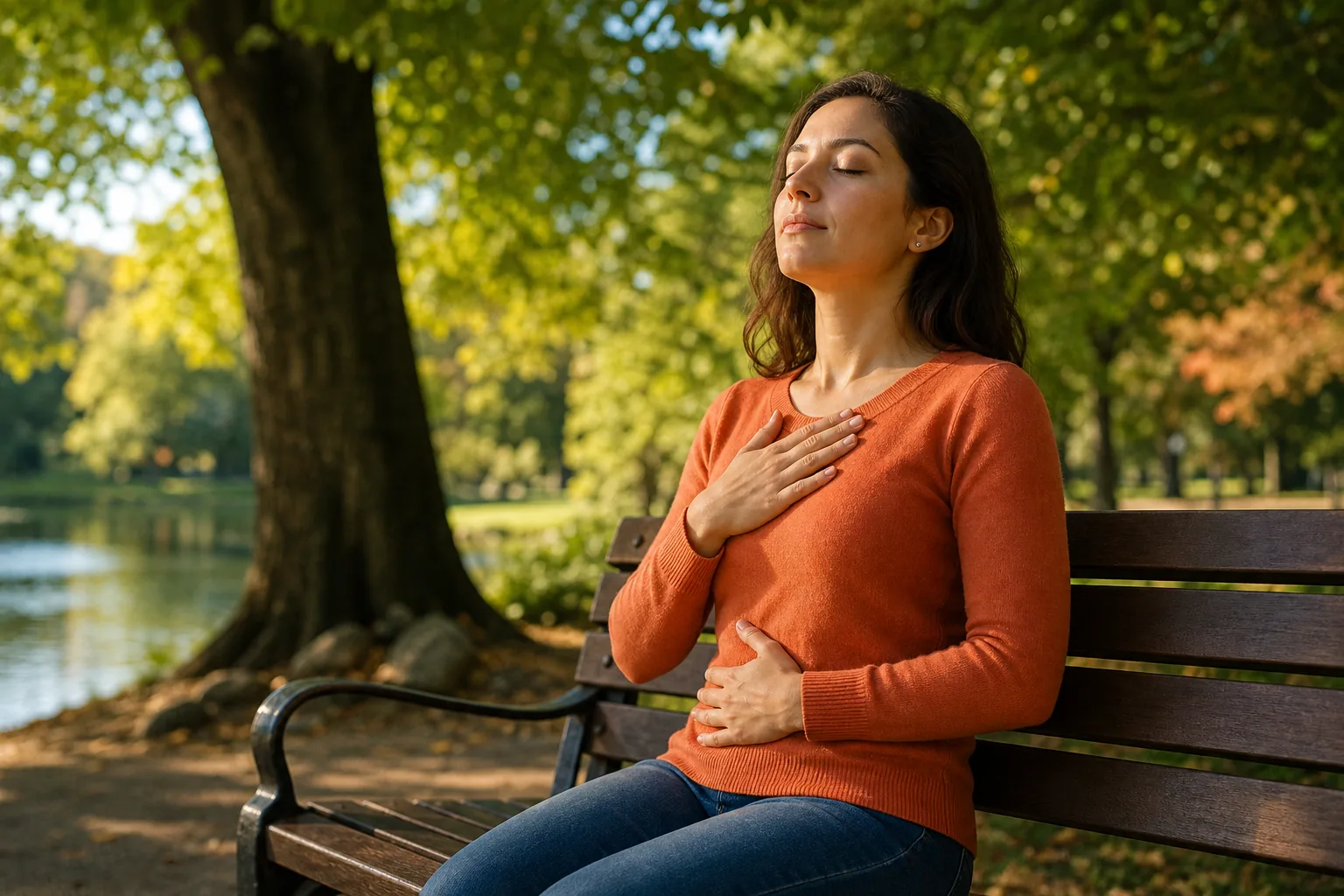Person practicing diaphragmatic breathing outdoors