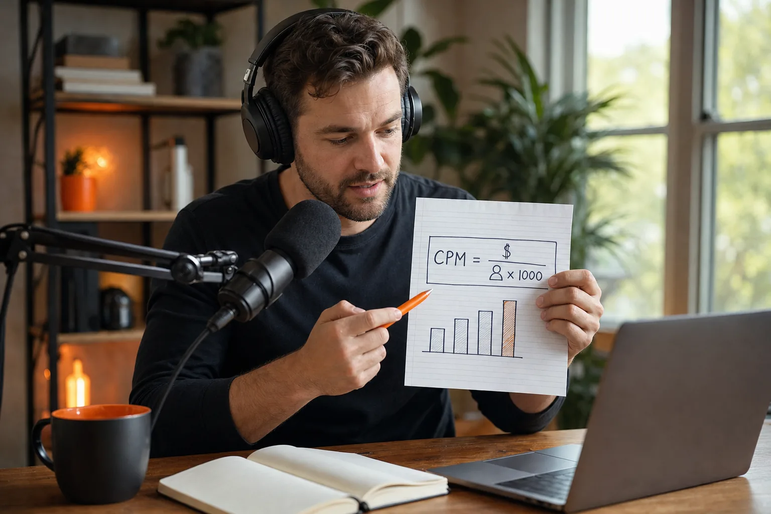 Podcast host reviewing sponsorship CPM rates in a US studio.
