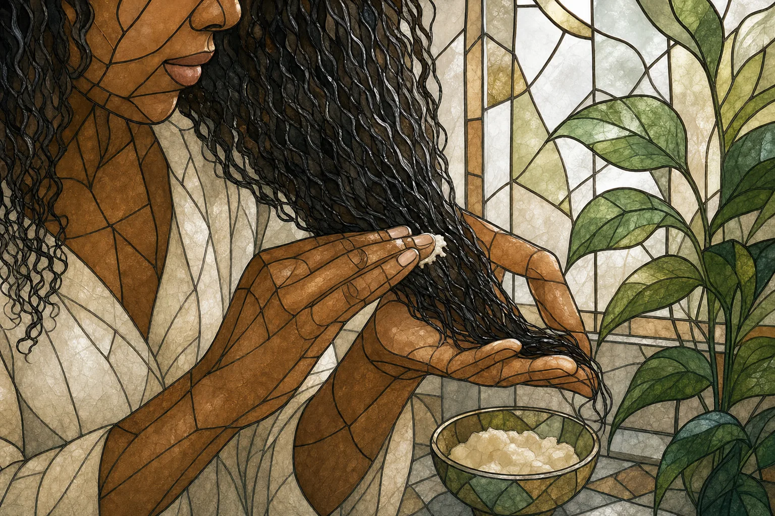 Applying a small amount of shea butter to damp hair ends without coating the roots.