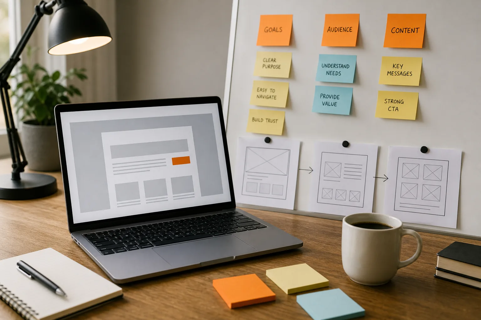 Business website planning board showing goals and page structure