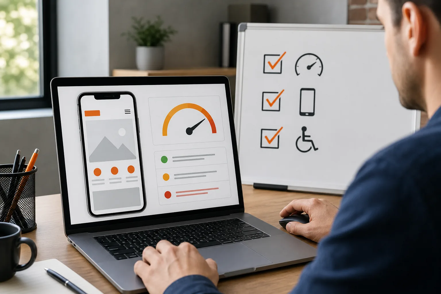 Website testing workflow showing performance, mobile responsiveness, and accessibility checks