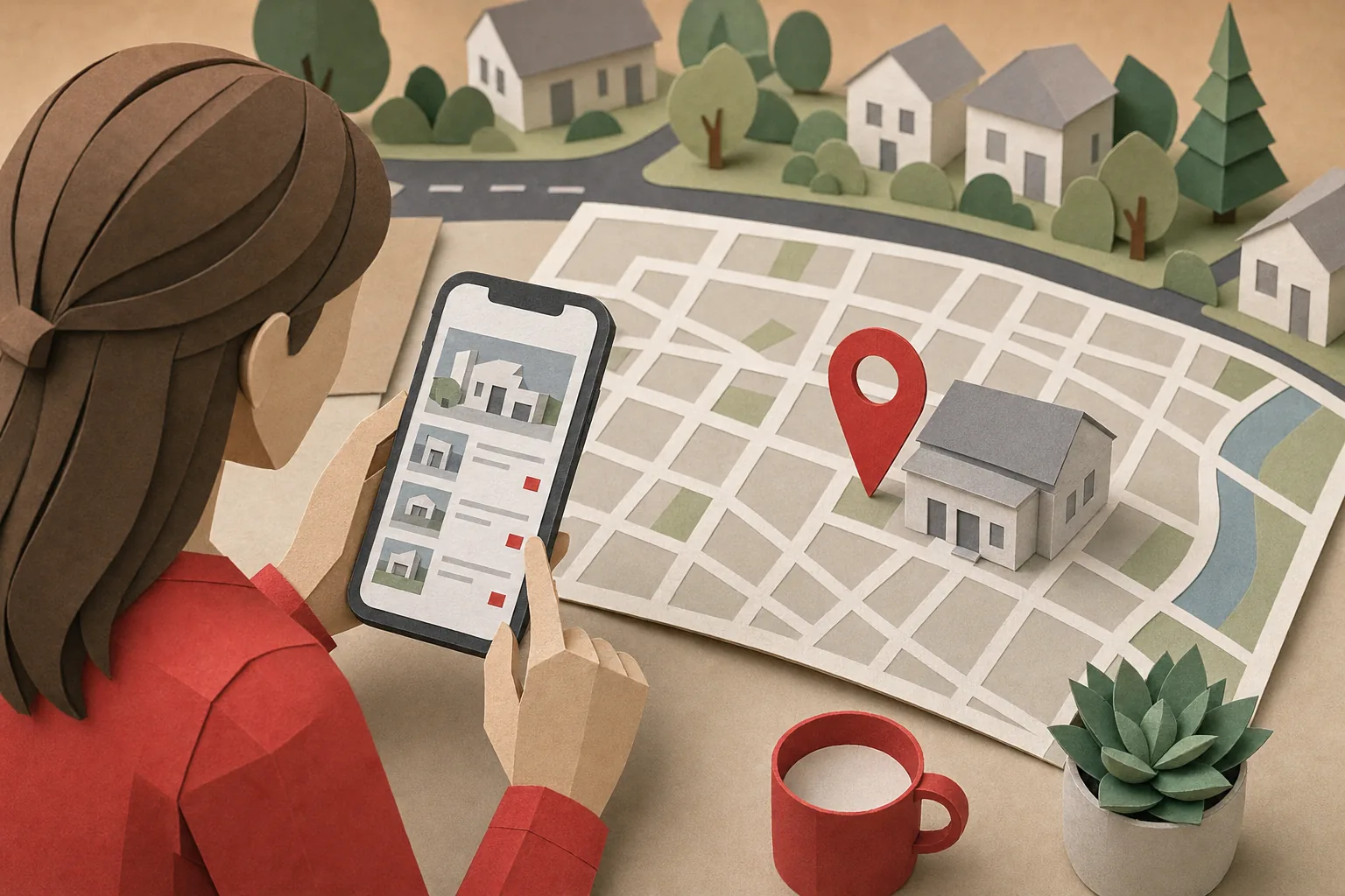 Patient searching local chiropractic clinic results on a phone beside a neighborhood map.