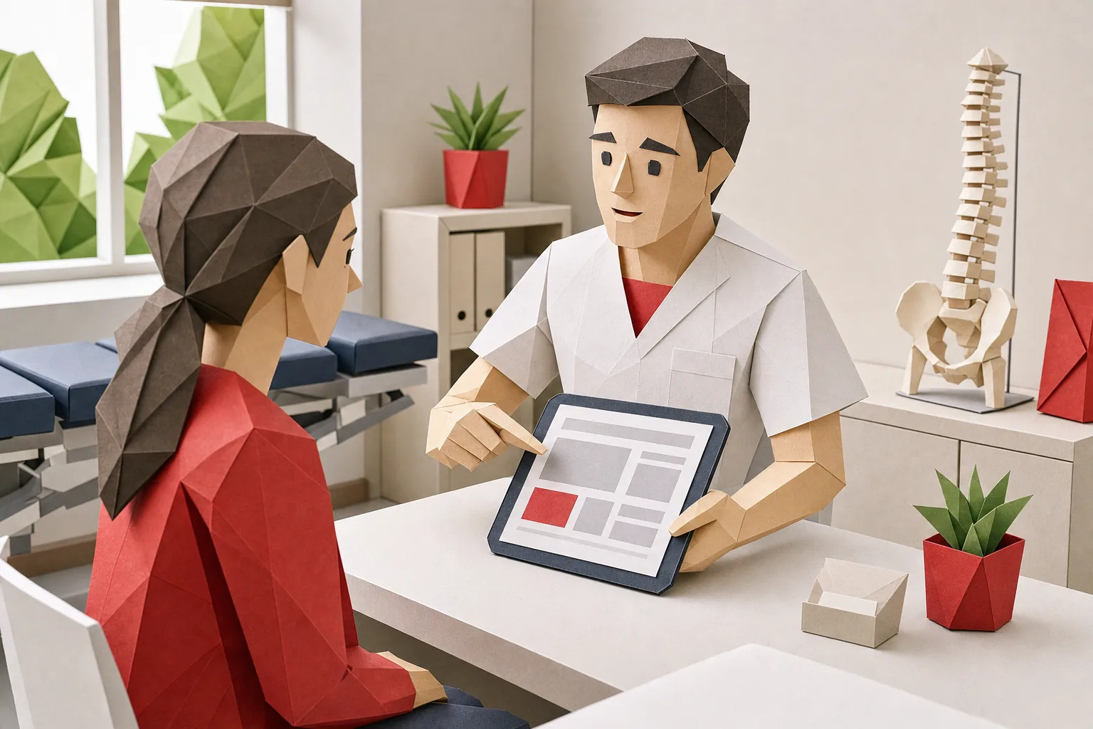 Chiropractor explaining a service page and appointment plan to a patient in a clinic.
